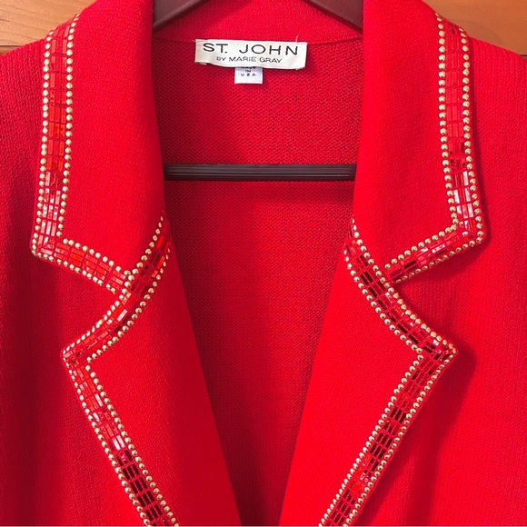 St.John Elegant Embellished Knit Cardigan Jacket In Bright Strawberry Red Color - Picture 2 of 13